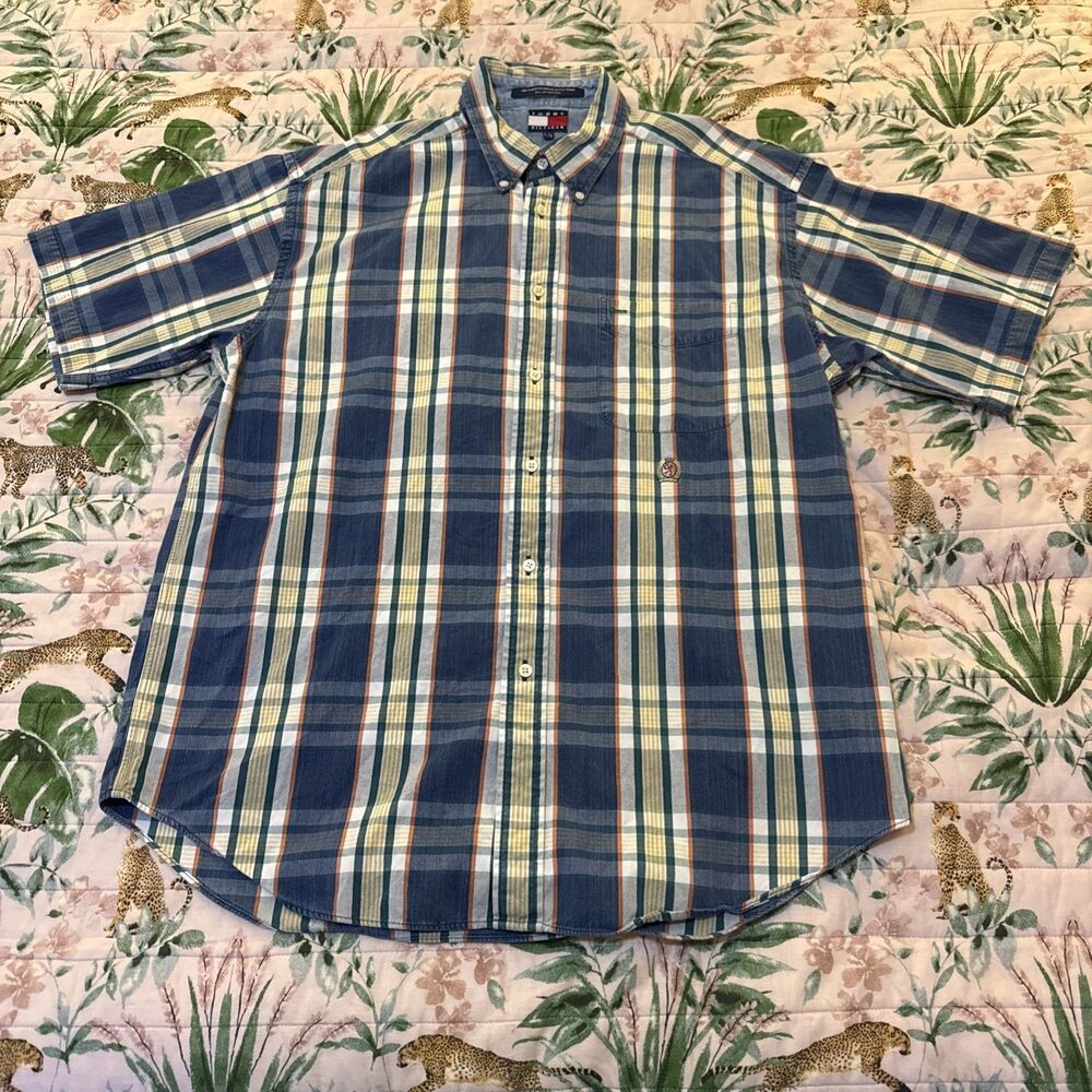 Vintage Tommy Hilfiger Plaid Short Sleeve Button Up Casual Shirt Men L Cotton